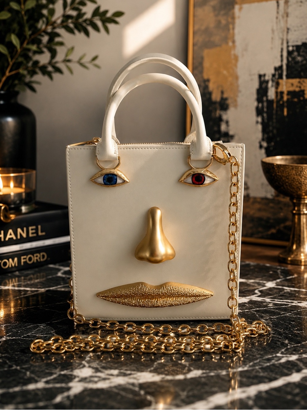 ✨ Luxury Surreal Face Handbag • Statement Art Bag • Gold Hardware • Ivory